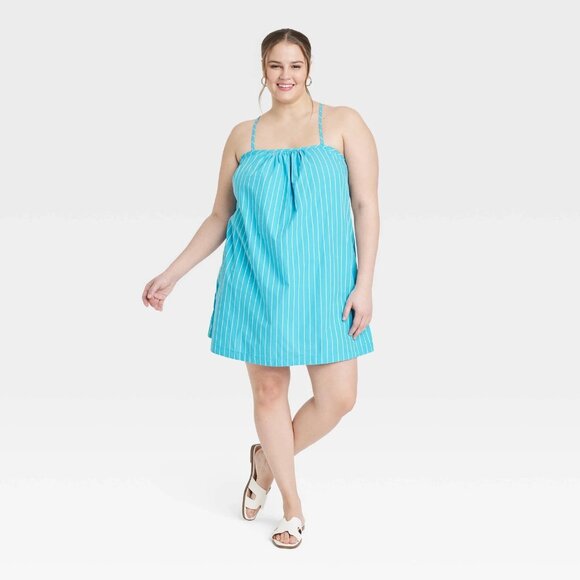 Large - Womens Sleeveless Shift Mini Dress - A New Day - Blue Striped - Picture 9 of 10